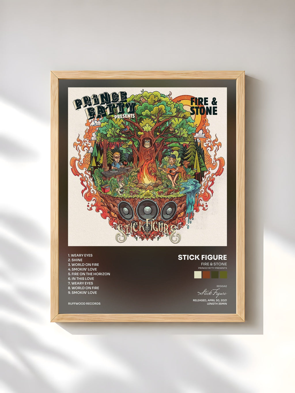 #bois Tableau de l'album Fire & Stone (Prince Fatty Presents) de Stick Figure, cadre en bois brut, imprimé et encadré en France