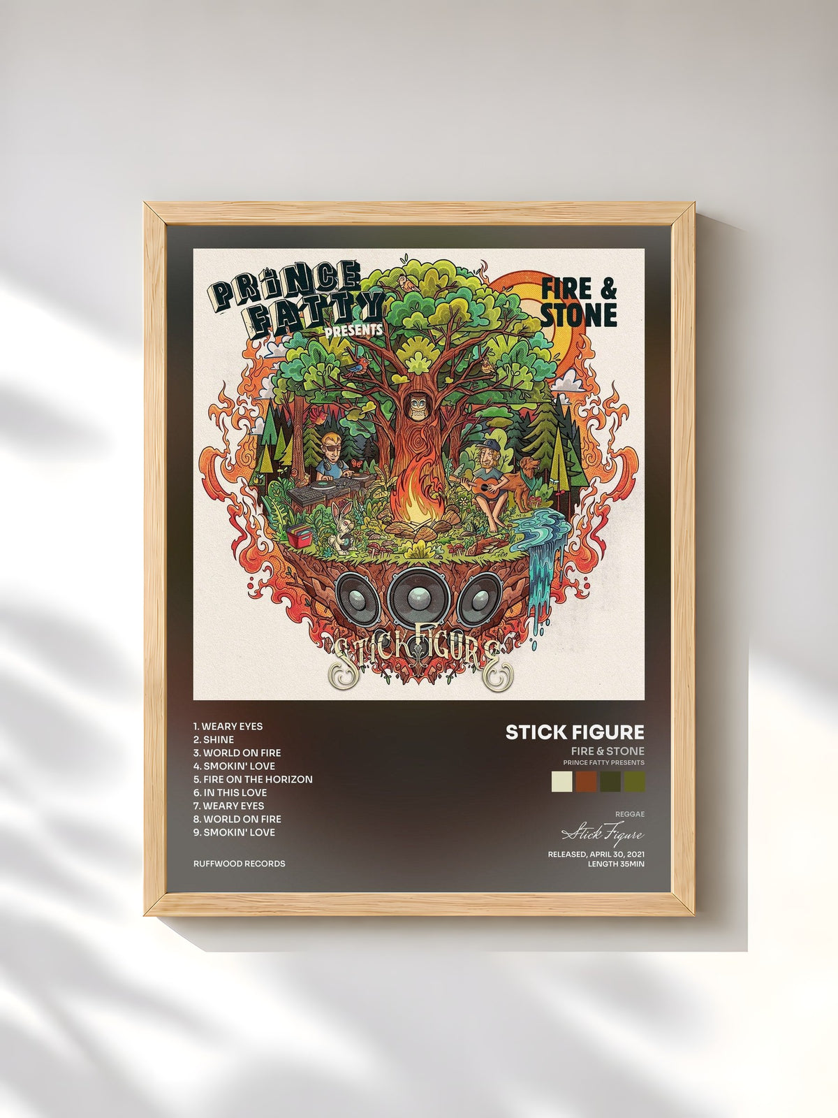 #bois Tableau de l'album Fire & Stone (Prince Fatty Presents) de Stick Figure, cadre en bois brut, imprimé et encadré en France