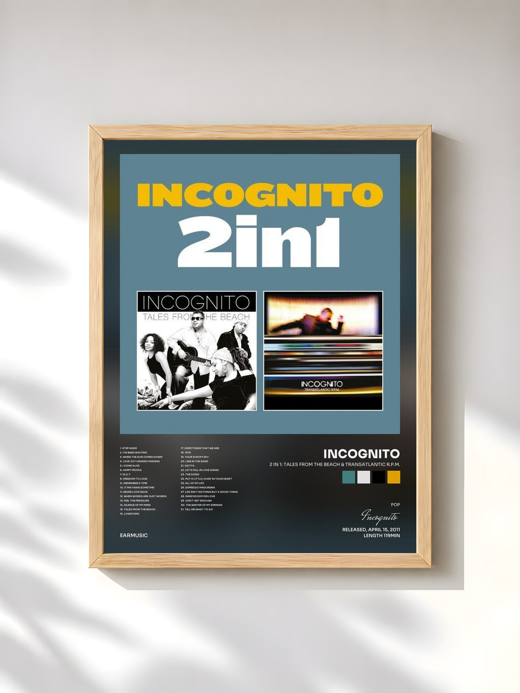 #bois Tableau de l'album 2 in 1: Tales from the Beach & Transatlantic R.P.M. de Incognito, cadre en bois brut, imprimé et encadré en France