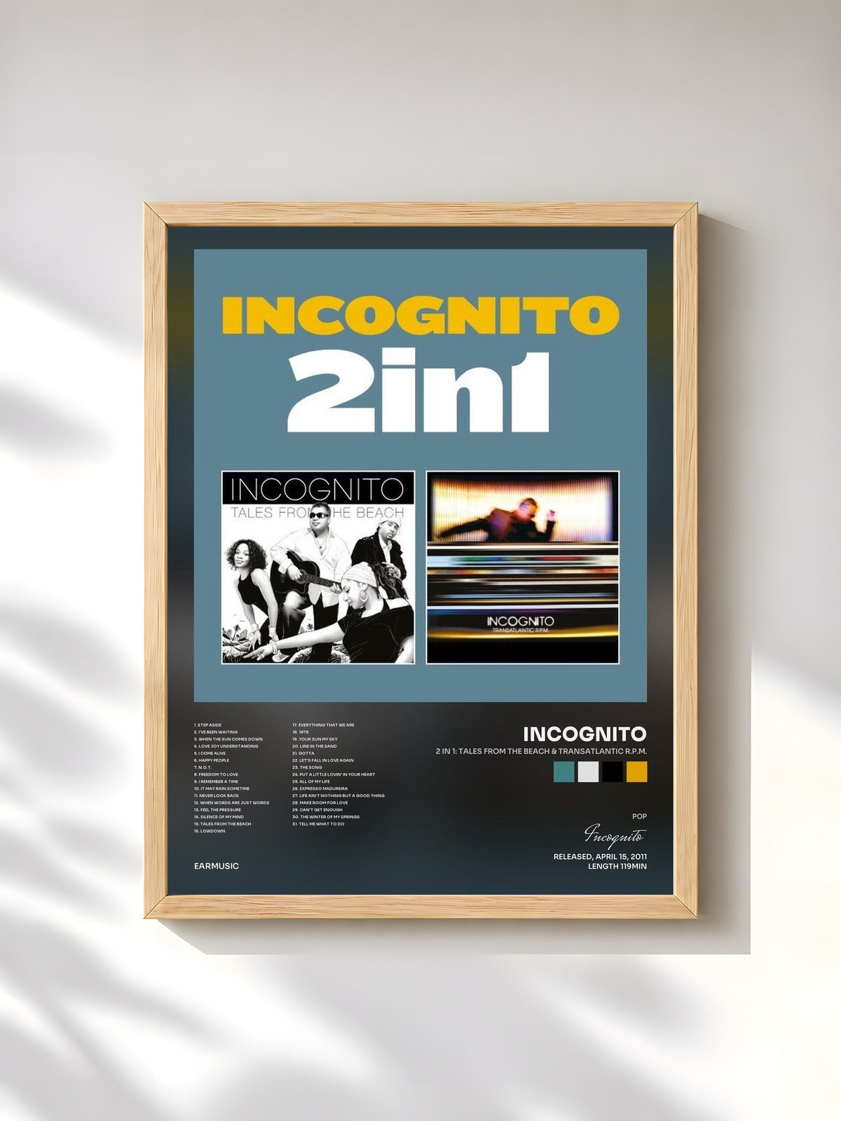 #bois Tableau de l'album 2 in 1: Tales from the Beach & Transatlantic R.P.M. de Incognito, cadre en bois brut, imprimé et encadré en France