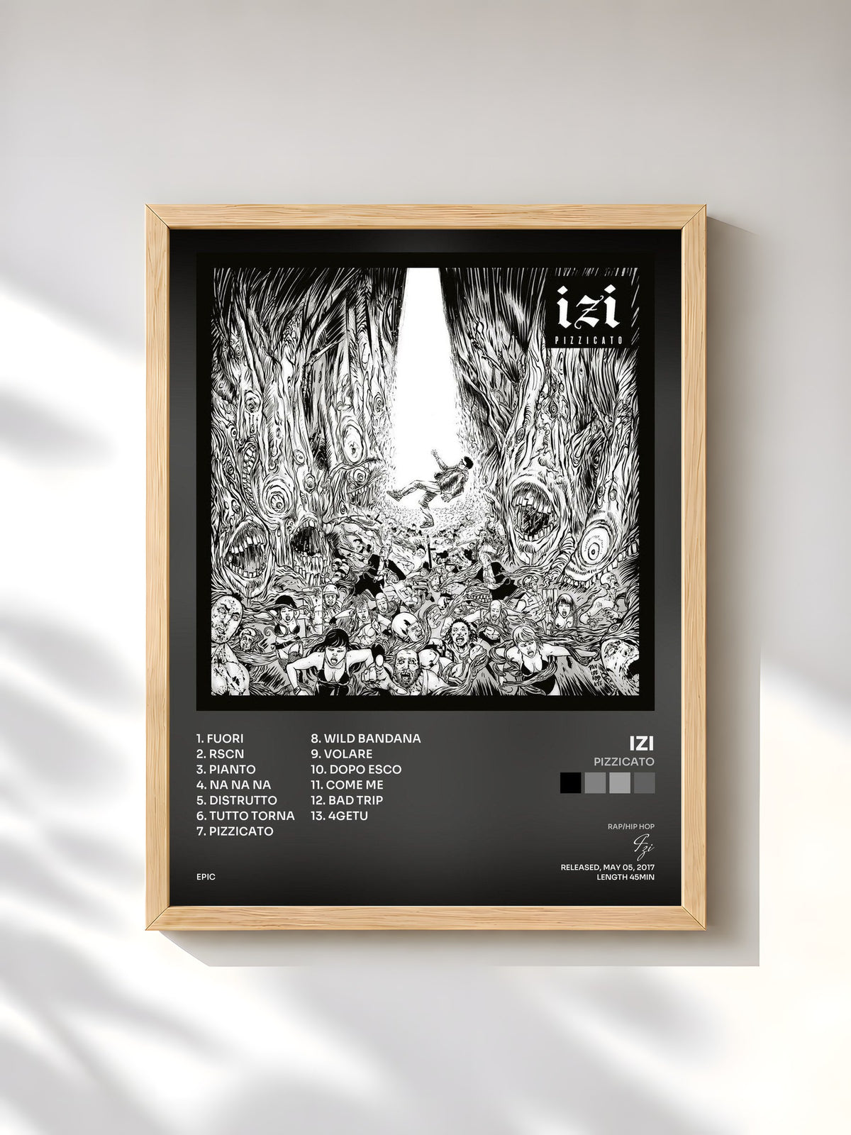 #bois Tableau de l'album Pizzicato de Izi, cadre en bois brut, imprimé et encadré en France