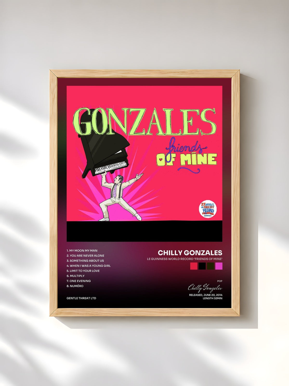 #bois Tableau de l'album Le Guinness World Record 'Friends of Mine' de Chilly Gonzales, cadre en bois brut, imprimé et encadré en France