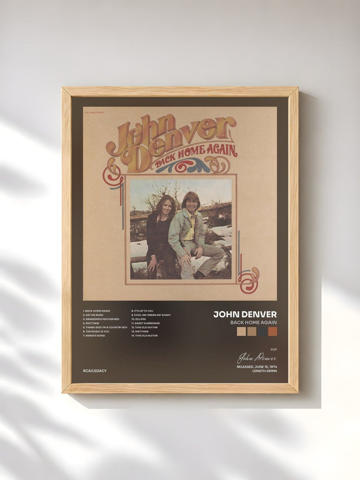 #bois Tableau de l'album Back Home Again de John Denver, cadre en bois brut, imprimé et encadré en France