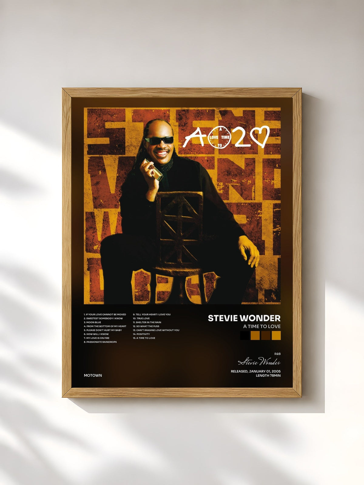 #bois Tableau de l'album A Time To Love de Stevie Wonder, cadre en bois brut, imprimé et encadré en France