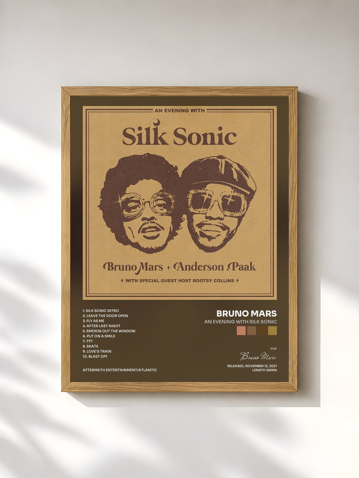 #bois Tableau de l'album An Evening With Silk Sonic de Bruno Mars, cadre en bois brut, imprimé et encadré en France