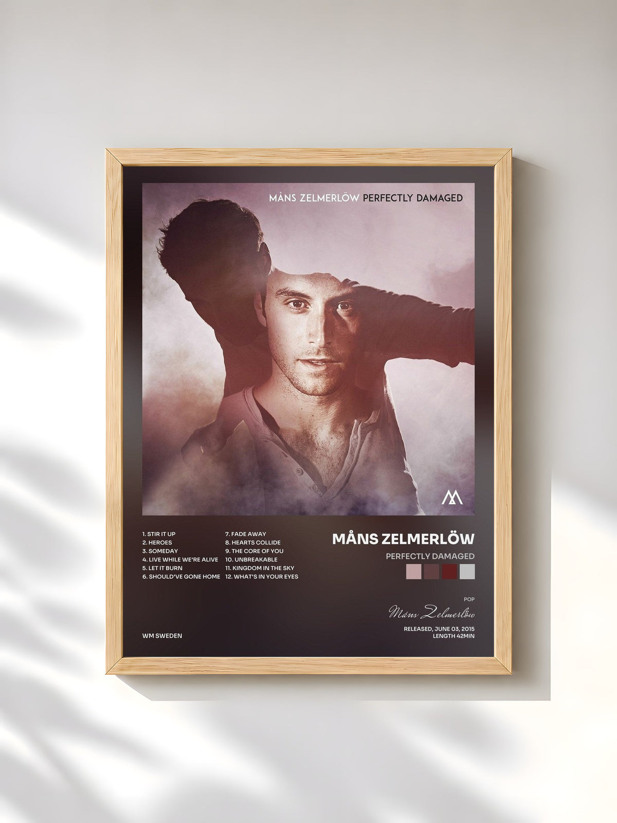 #bois Tableau de l'album Perfectly Damaged de Måns Zelmerlöw, cadre en bois brut, imprimé et encadré en France