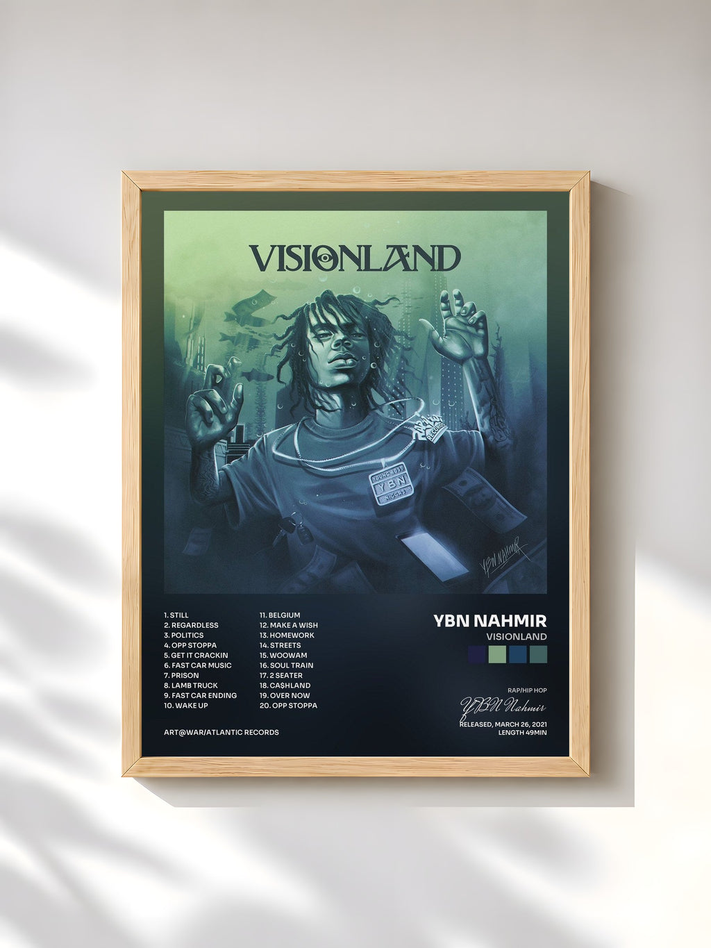 #bois Tableau de l'album VISIONLAND de YBN Nahmir, cadre en bois brut, imprimé et encadré en France