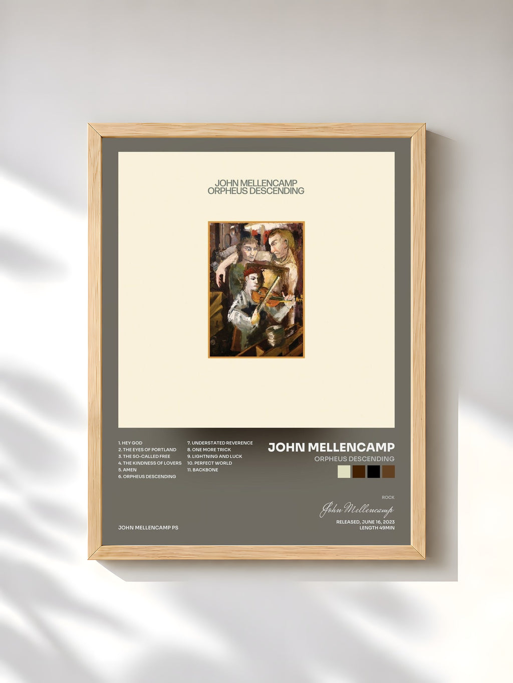 #bois Tableau de l'album Orpheus Descending de John Mellencamp, cadre en bois brut, imprimé et encadré en France