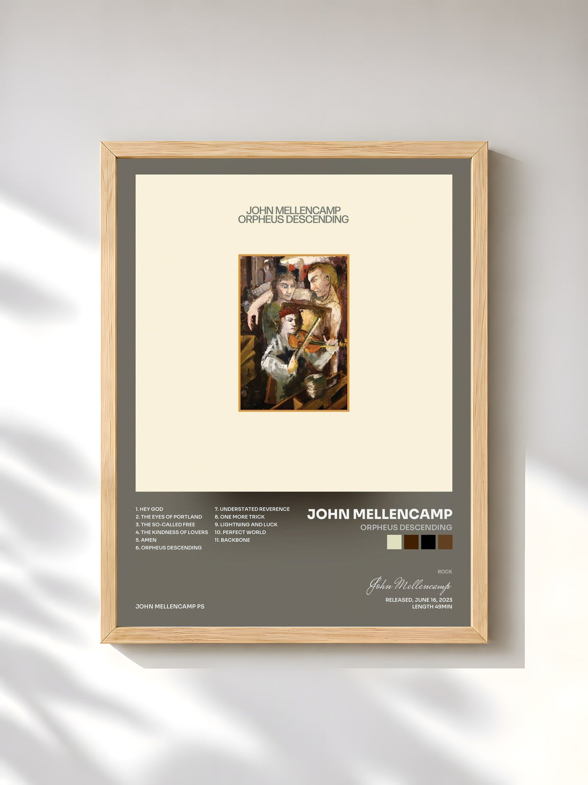 #bois Tableau de l'album Orpheus Descending de John Mellencamp, cadre en bois brut, imprimé et encadré en France