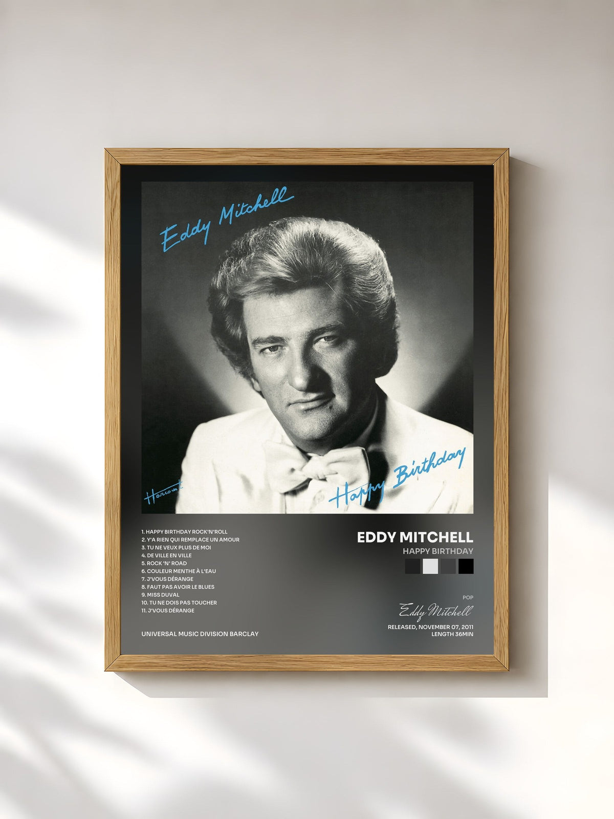 #bois Tableau de l'album Happy Birthday de Eddy Mitchell, cadre en bois brut, imprimé et encadré en France