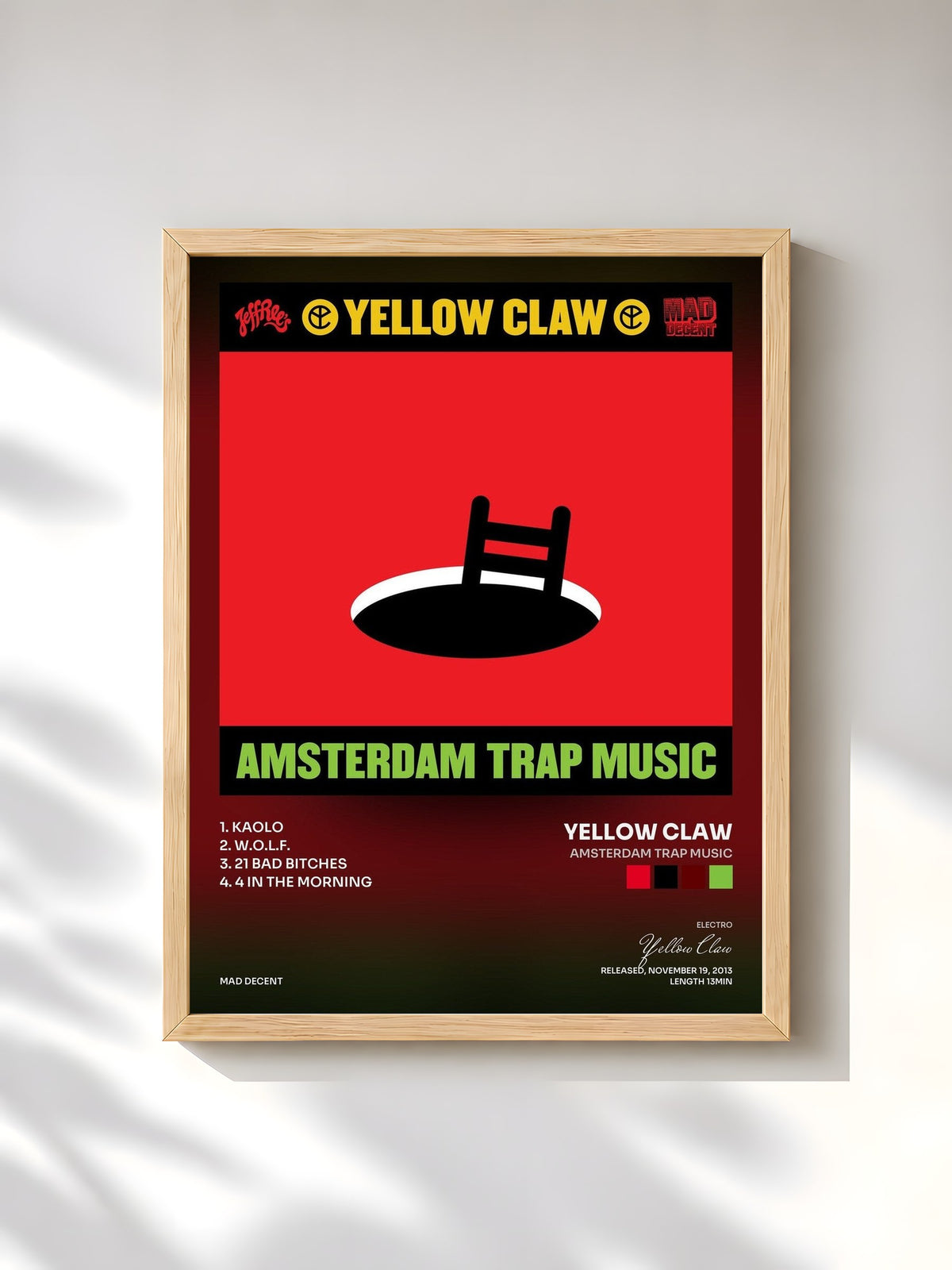 #bois Tableau de l'album Amsterdam Trap Music de Yellow Claw, cadre en bois brut, imprimé et encadré en France