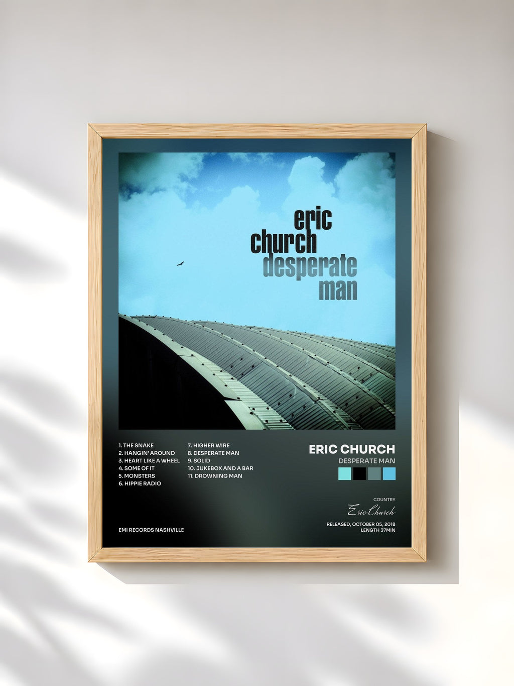 #bois Tableau de l'album Desperate Man de Eric Church, cadre en bois brut, imprimé et encadré en France