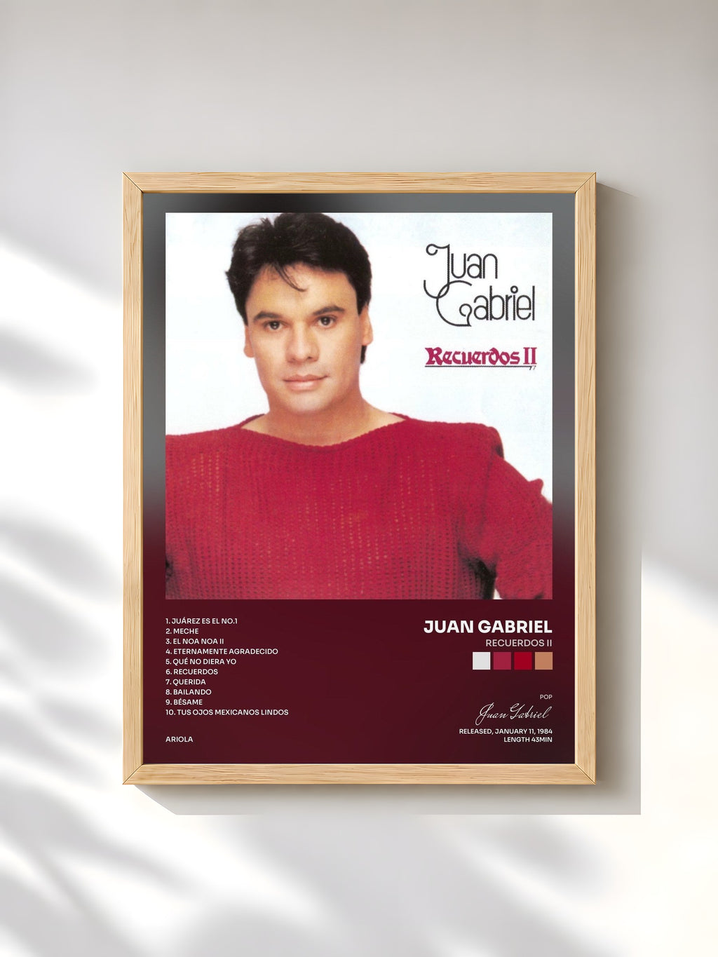 #bois Tableau de l'album Recuerdos II de Juan Gabriel, cadre en bois brut, imprimé et encadré en France