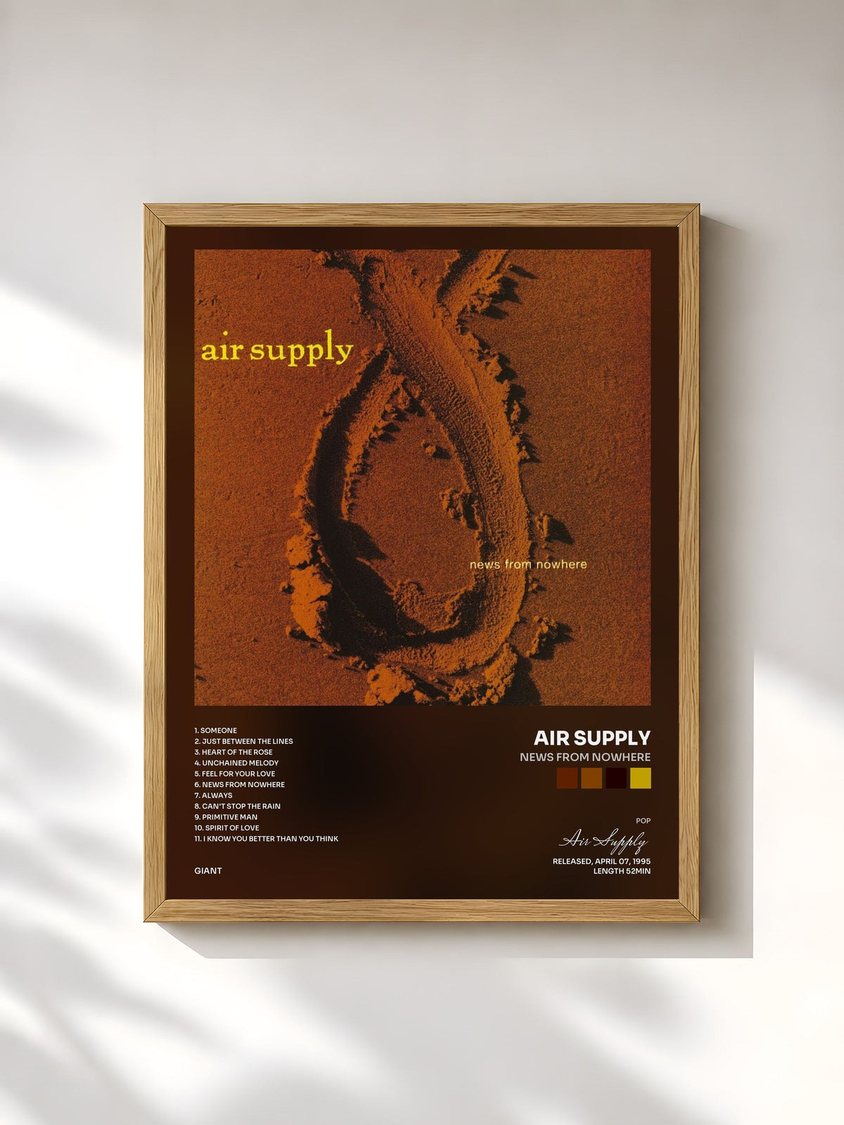 #bois Tableau de l'album News From Nowhere de Air Supply, cadre en bois brut, imprimé et encadré en France