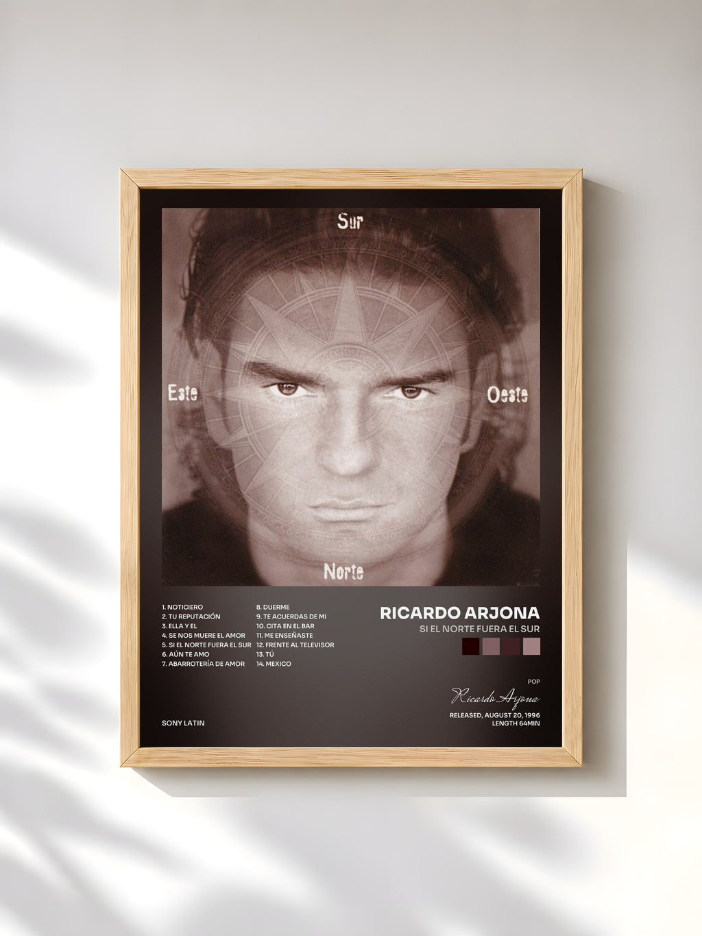 #bois Tableau de l'album Si El Norte Fuera El Sur de Ricardo Arjona, cadre en bois brut, imprimé et encadré en France