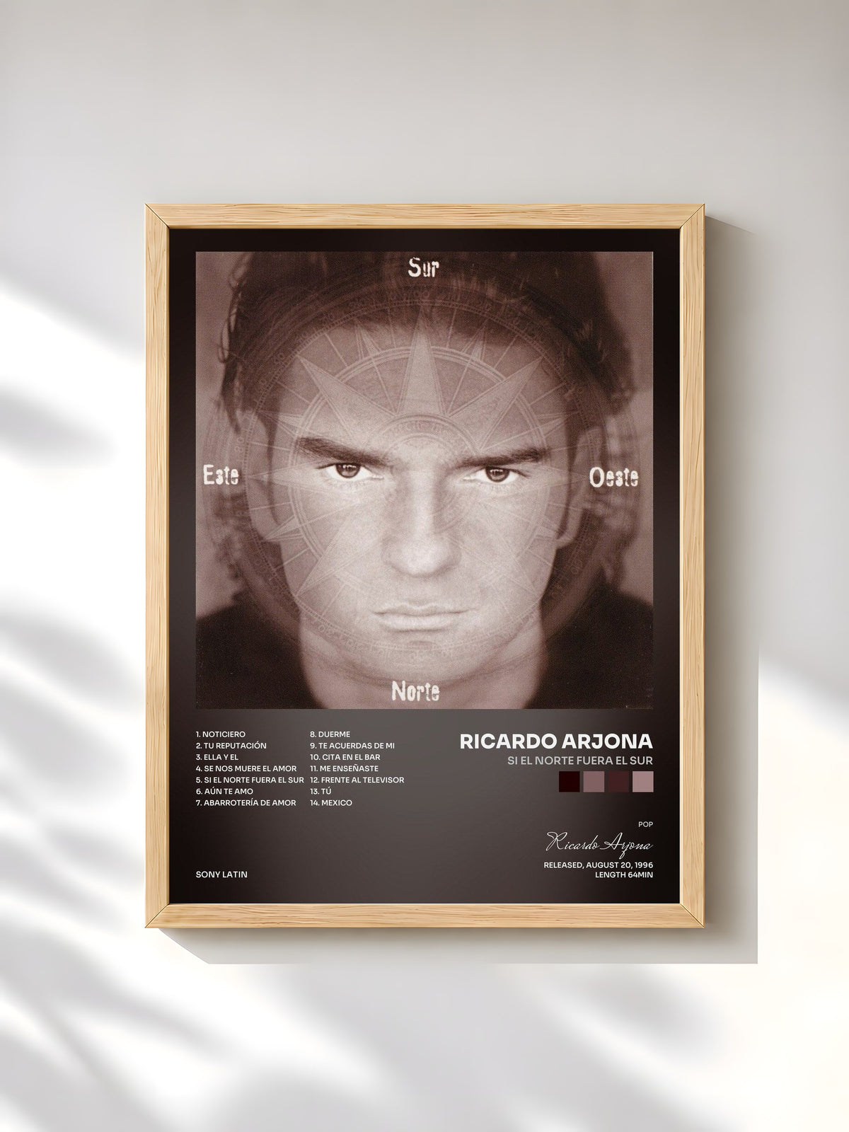 #bois Tableau de l'album Si El Norte Fuera El Sur de Ricardo Arjona, cadre en bois brut, imprimé et encadré en France