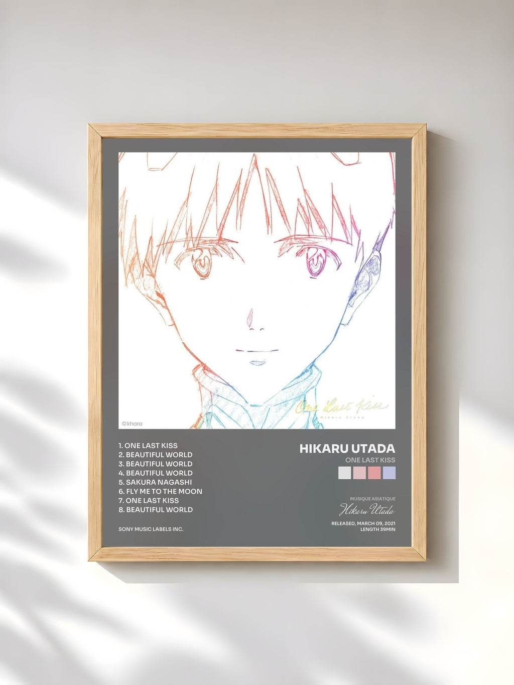 #bois Tableau de l'album One Last Kiss de Hikaru Utada, cadre en bois brut, imprimé et encadré en France