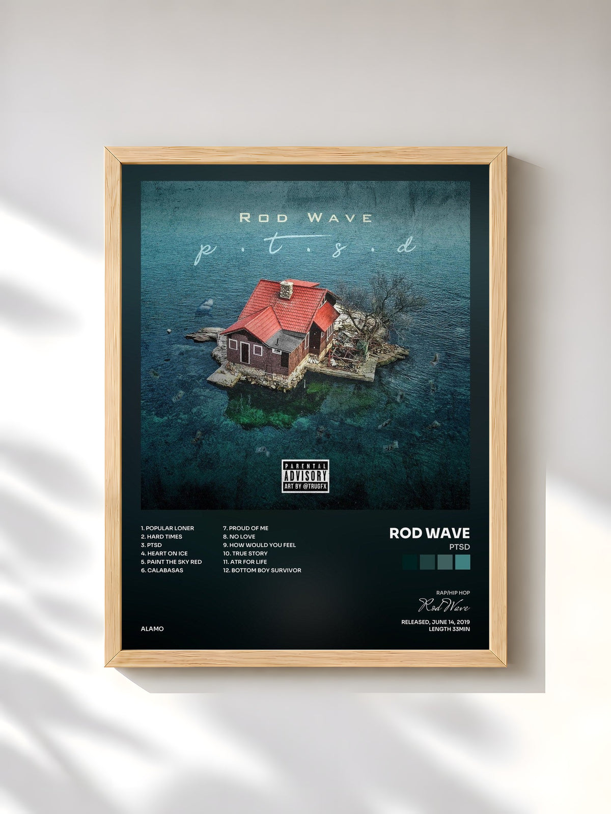 #bois Tableau de l'album PTSD de Rod Wave, cadre en bois brut, imprimé et encadré en France