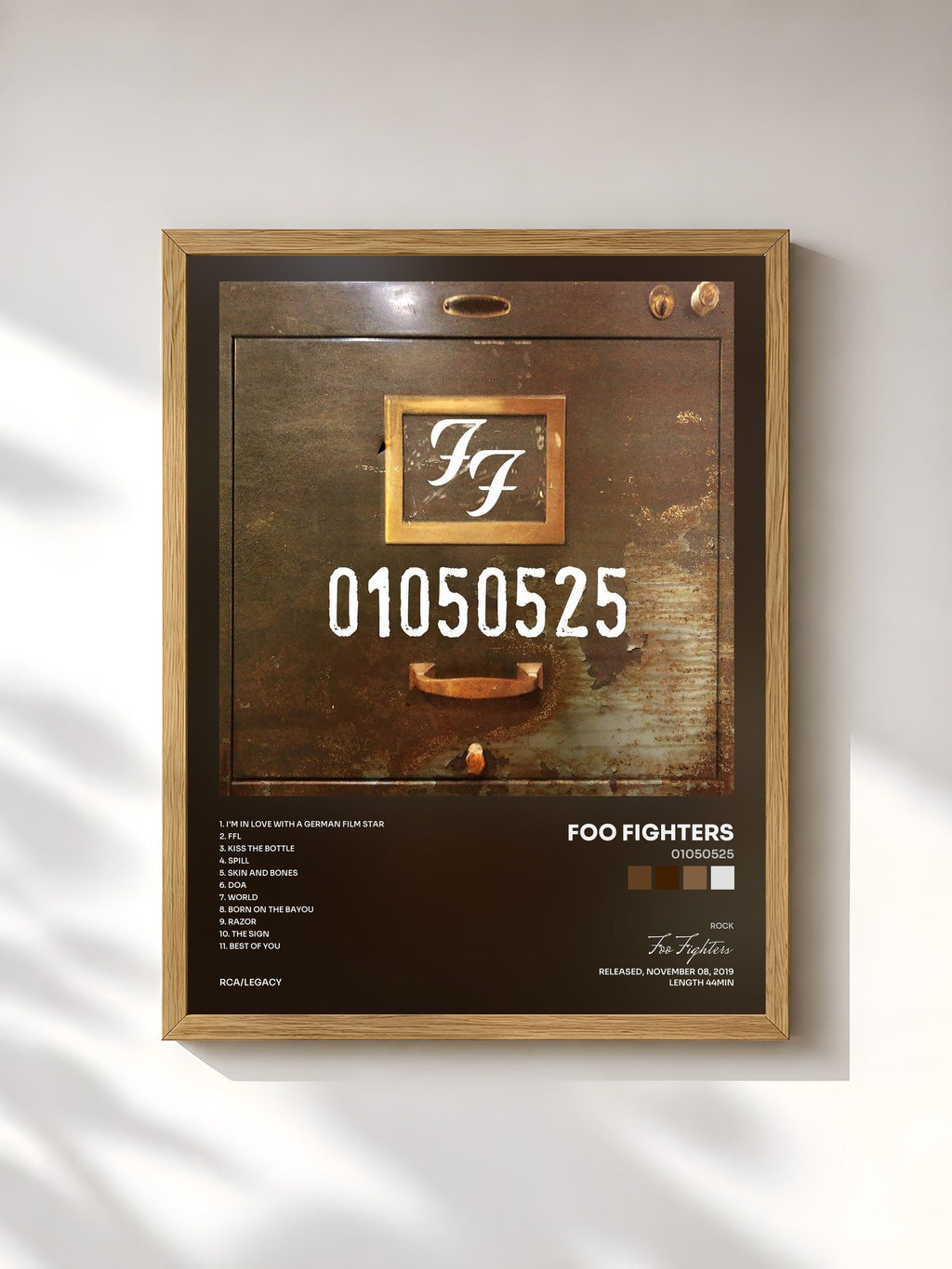#bois Tableau de l'album 01050525 de Foo Fighters, cadre en bois brut, imprimé et encadré en France