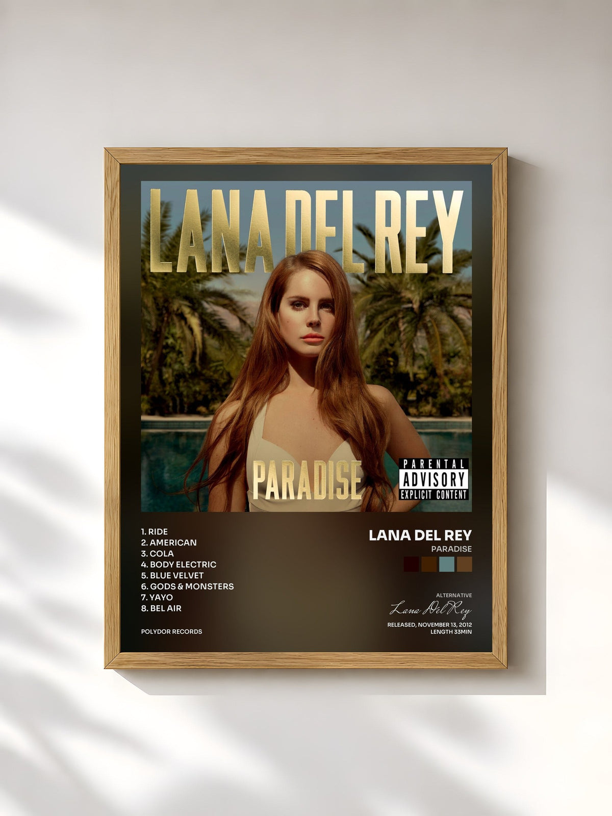 #bois Tableau de l'album Paradise de Lana Del Rey, cadre en bois brut, imprimé et encadré en France