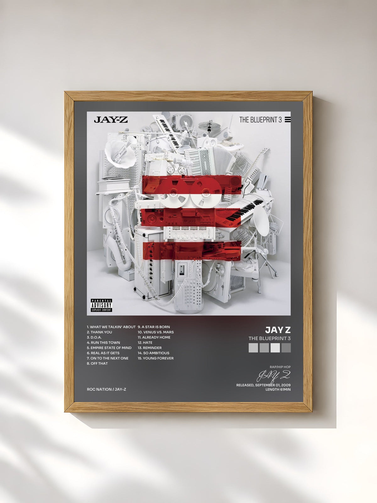 #bois Tableau de l'album The Blueprint 3 de JAY Z, cadre en bois brut, imprimé et encadré en France