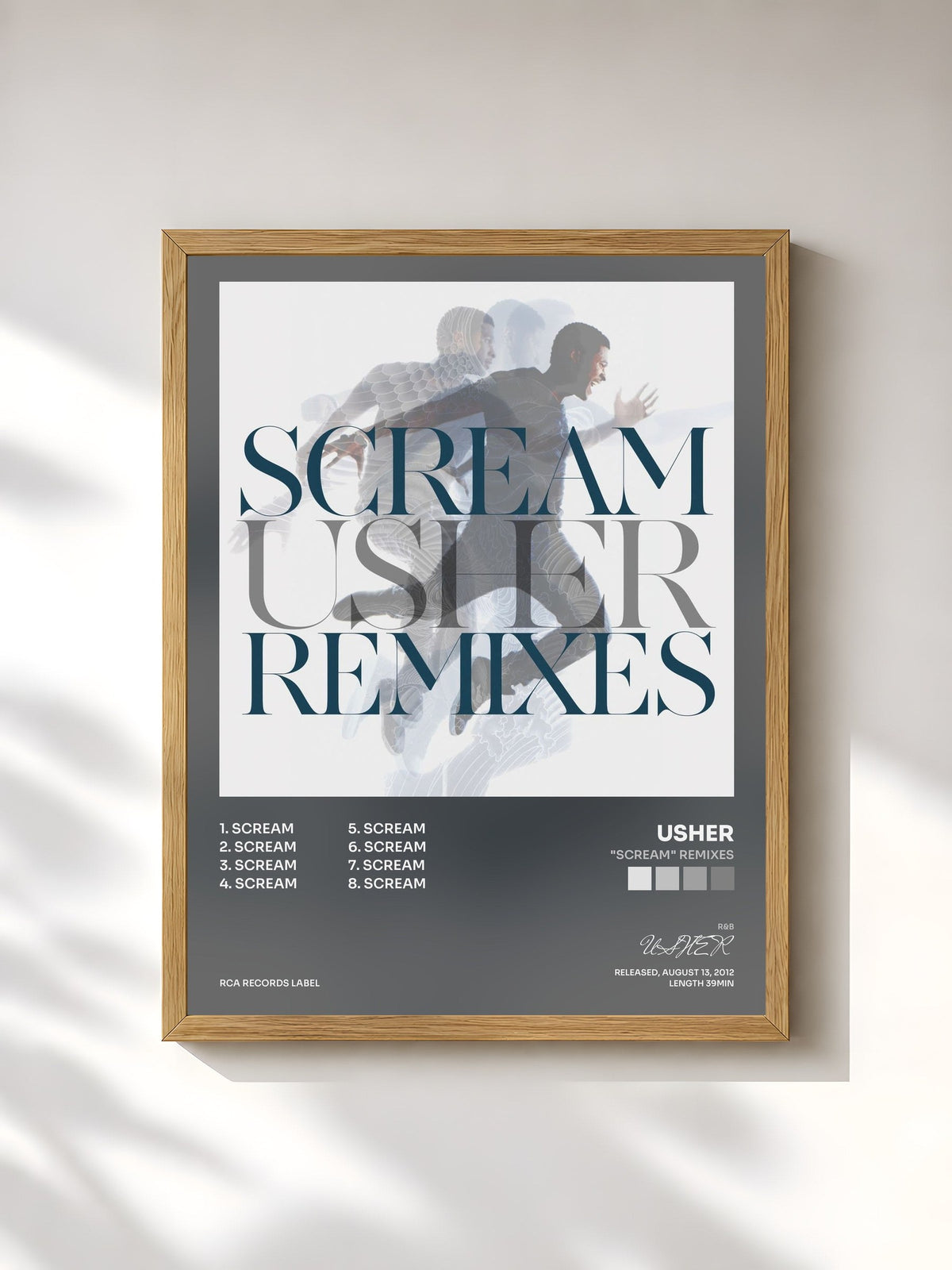 #bois Tableau de l'album "Scream" Remixes de USHER, cadre en bois brut, imprimé et encadré en France