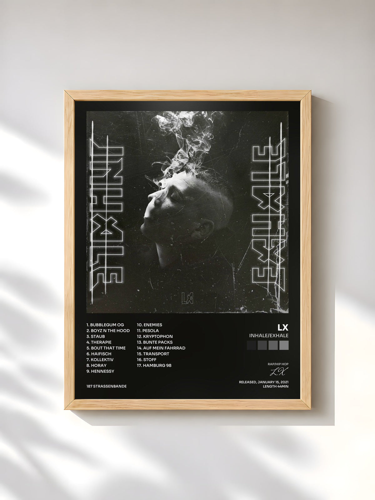 #bois Tableau de l'album INHALE/EXHALE de LX, cadre en bois brut, imprimé et encadré en France