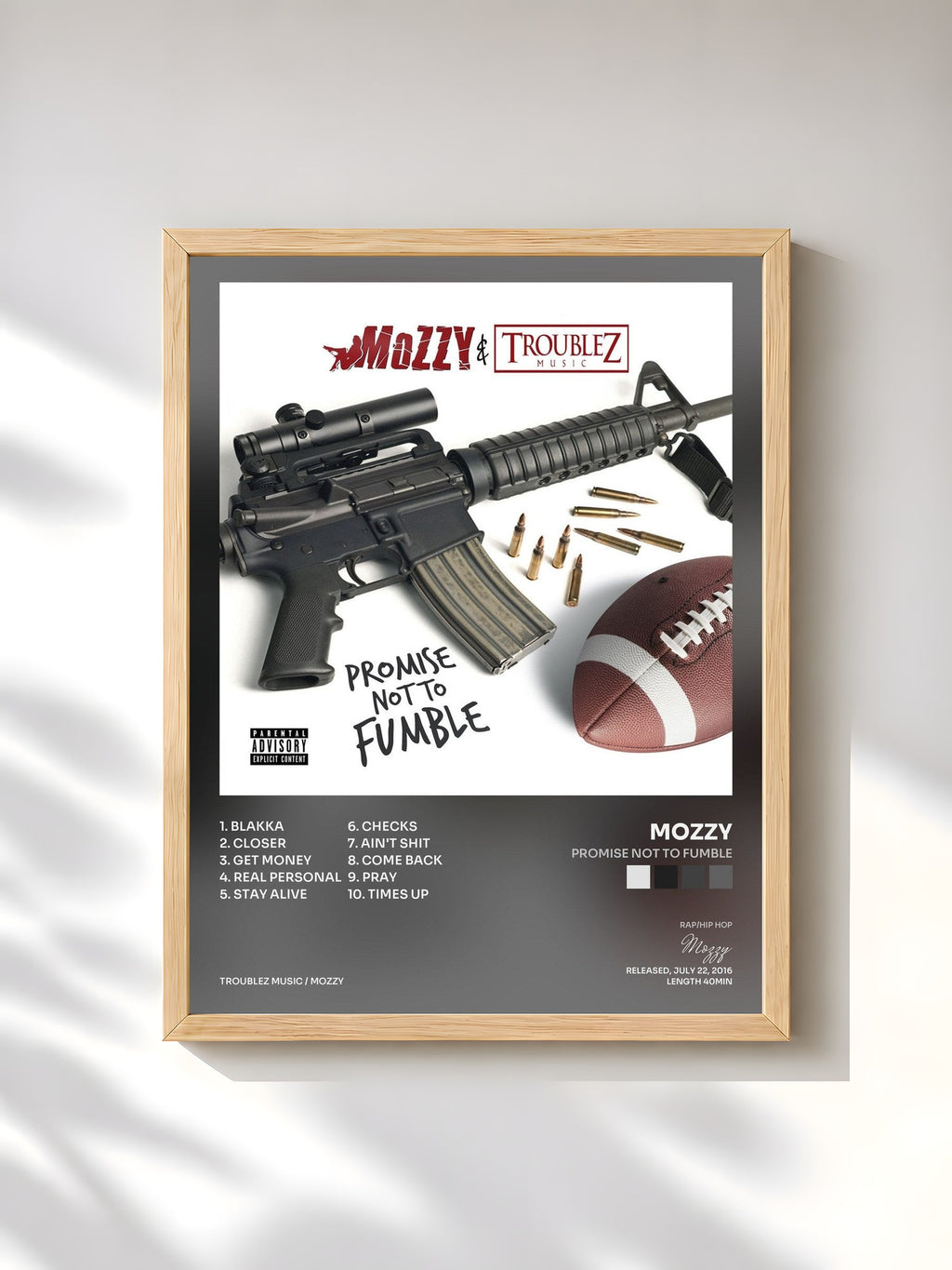#bois Tableau de l'album Promise Not to Fumble de Mozzy, cadre en bois brut, imprimé et encadré en France