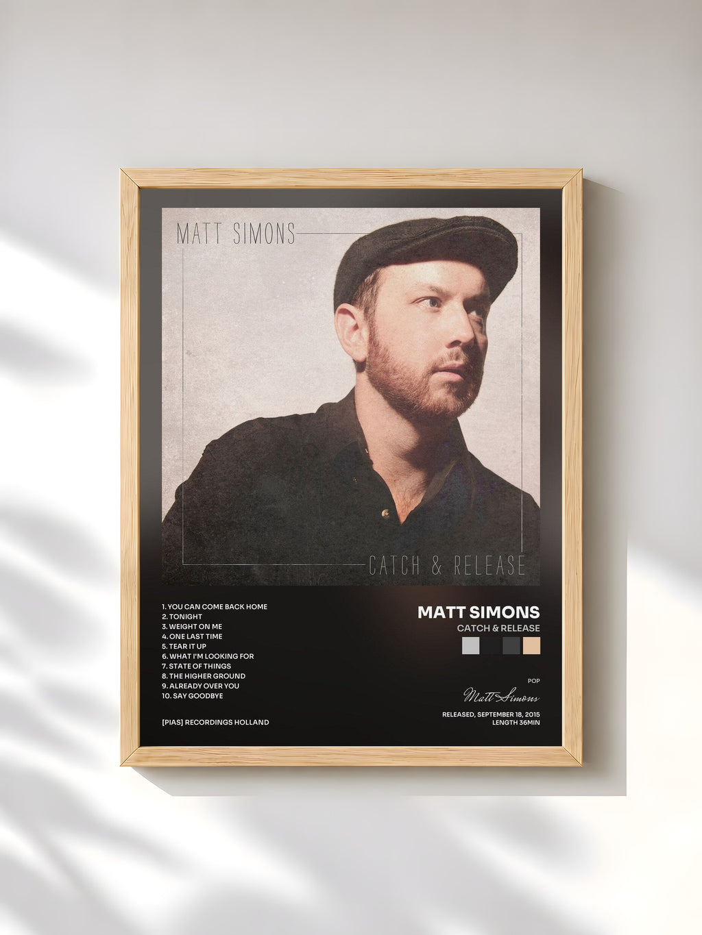 #bois Tableau de l'album Catch & Release de Matt Simons, cadre en bois brut, imprimé et encadré en France