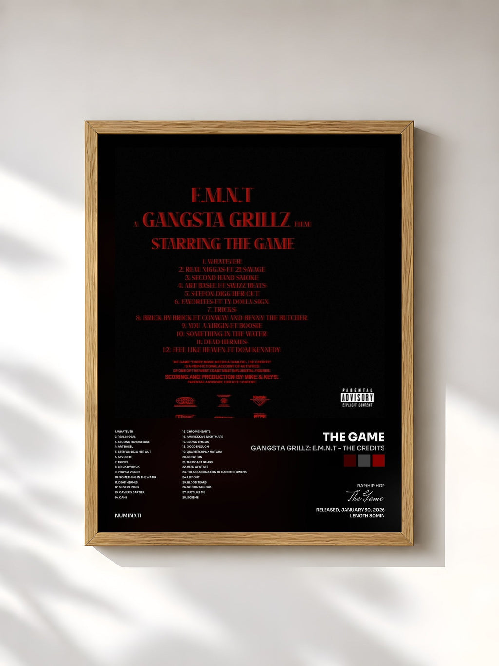 #bois Tableau de l'album Gangsta Grillz: E.M.N.T - The Credits de The Game, cadre en bois brut, imprimé et encadré en France