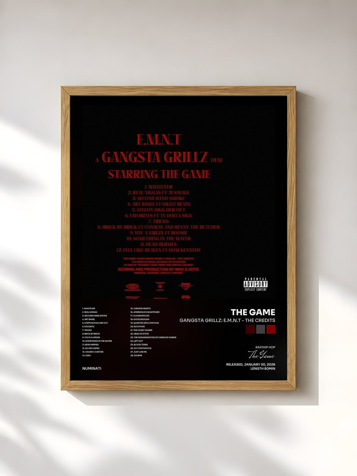 #bois Tableau de l'album Gangsta Grillz: E.M.N.T - The Credits de The Game, cadre en bois brut, imprimé et encadré en France