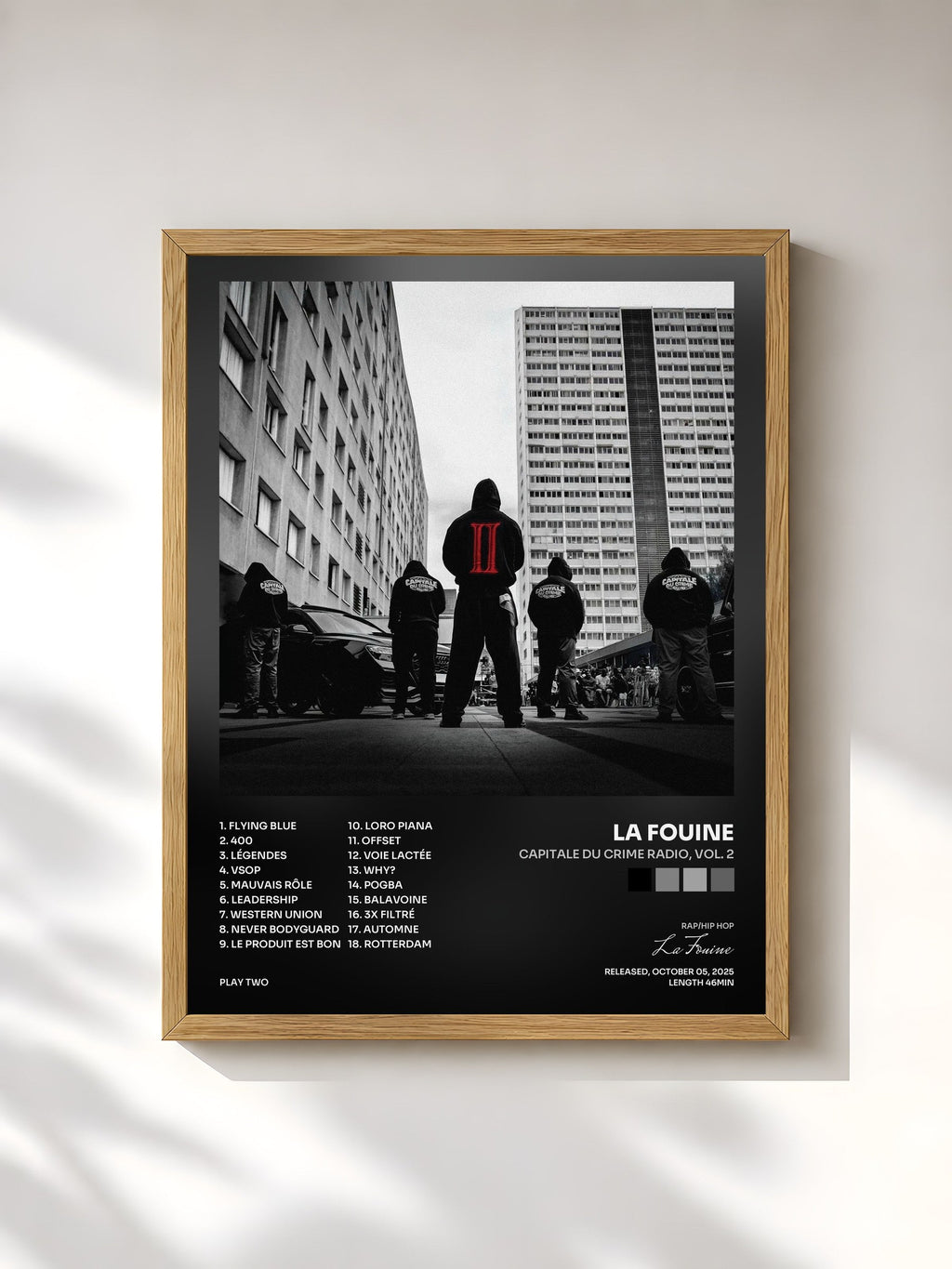 #bois Tableau de l'album CAPITALE DU CRIME RADIO, vol. 2 de La Fouine, cadre en bois brut, imprimé et encadré en France