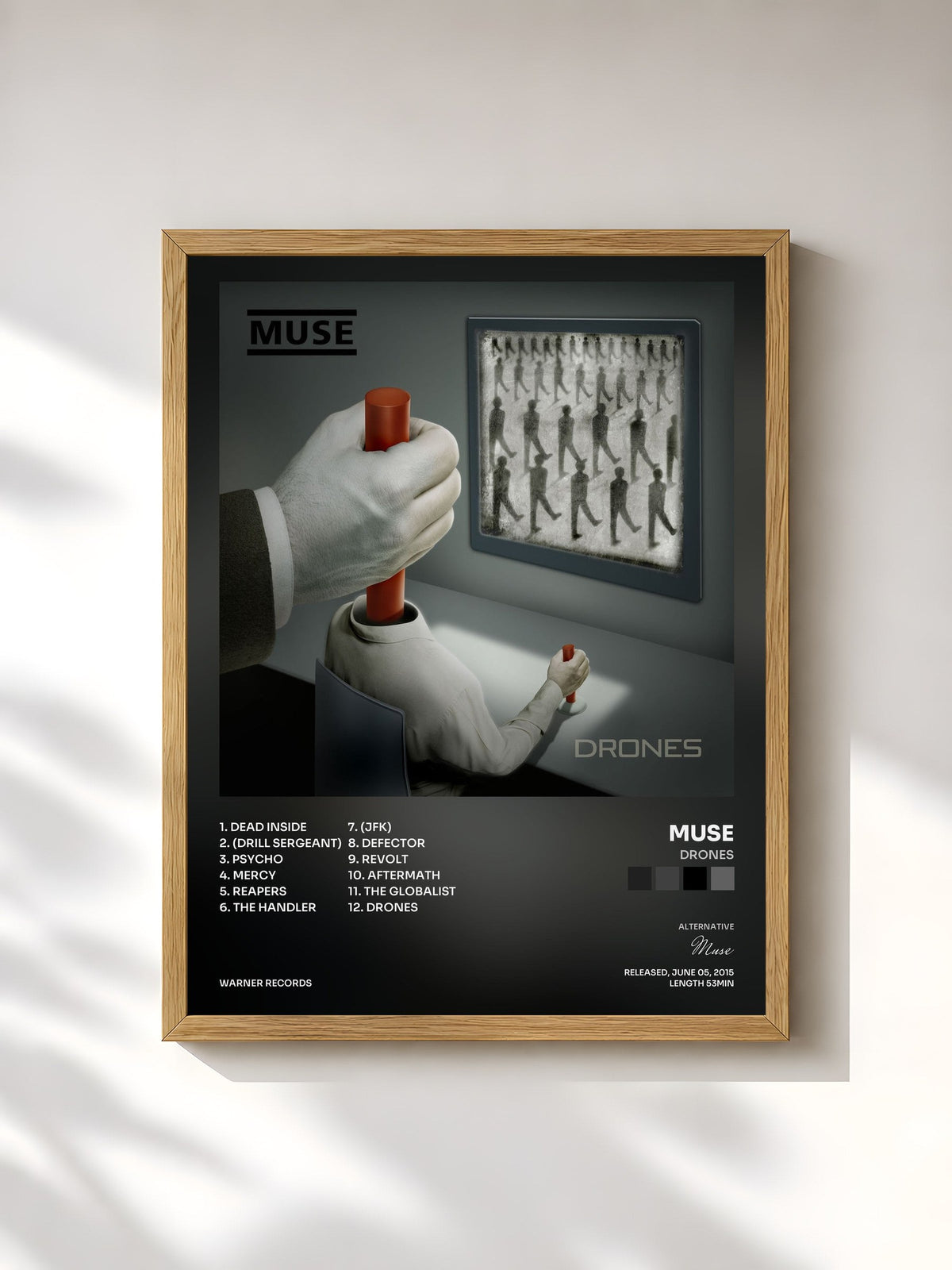 #bois Tableau de l'album Drones de Muse, cadre en bois brut, imprimé et encadré en France