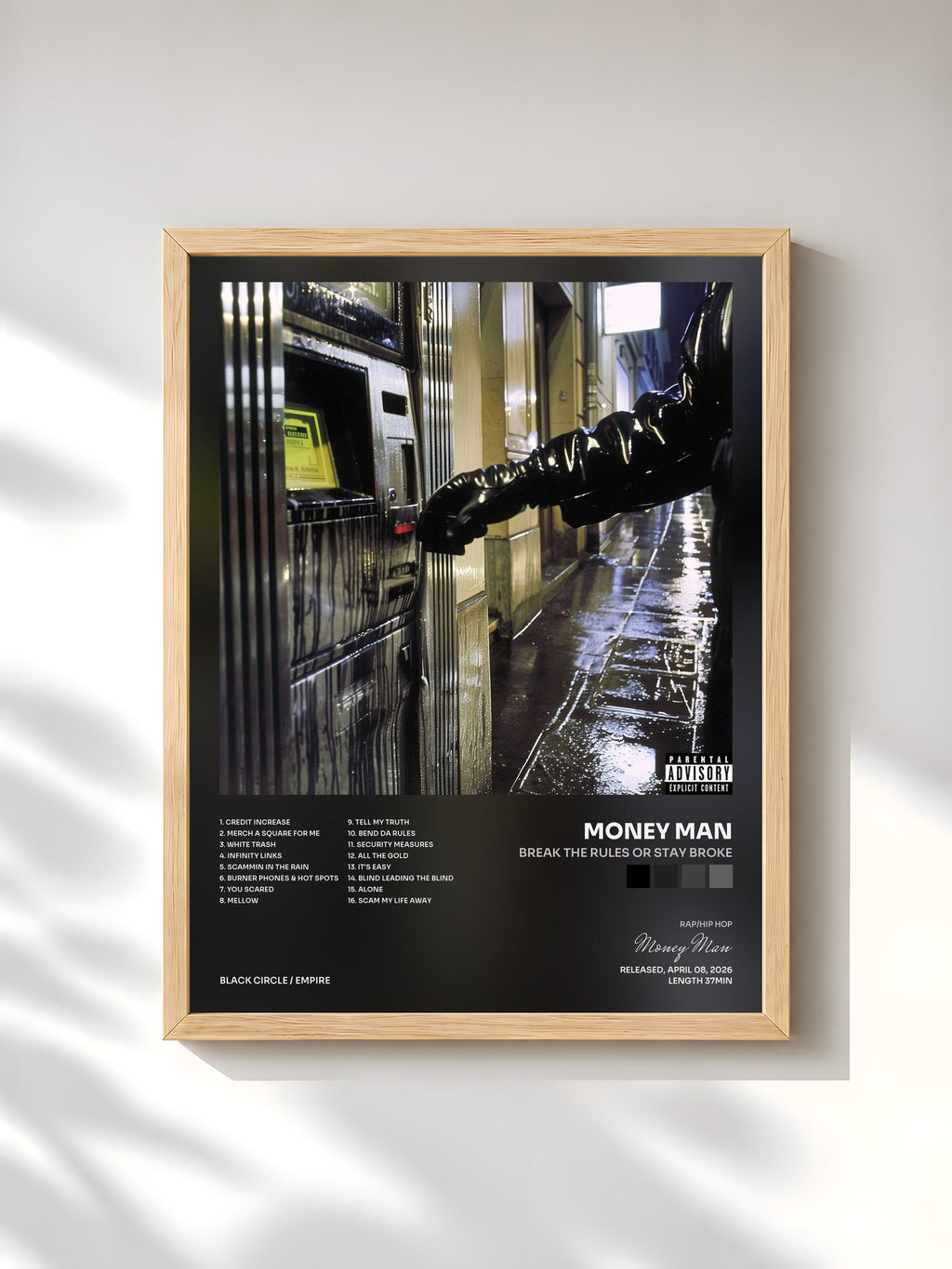 #bois Tableau de l'album Break The Rules Or Stay Broke de Money Man, cadre en bois brut, imprimé et encadré en France