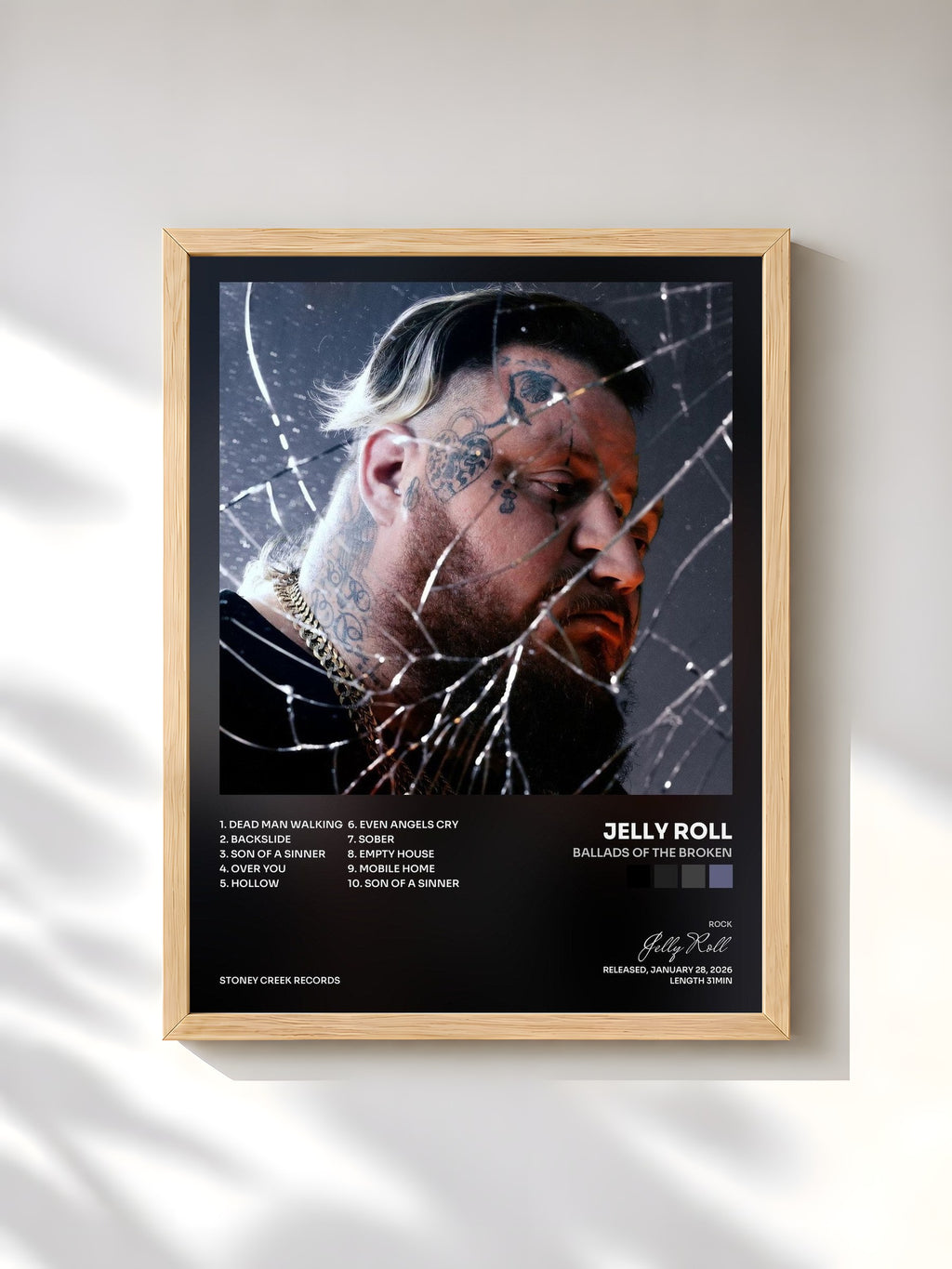 #bois Tableau de l'album Ballads of the Broken de Jelly Roll, cadre en bois brut, imprimé et encadré en France