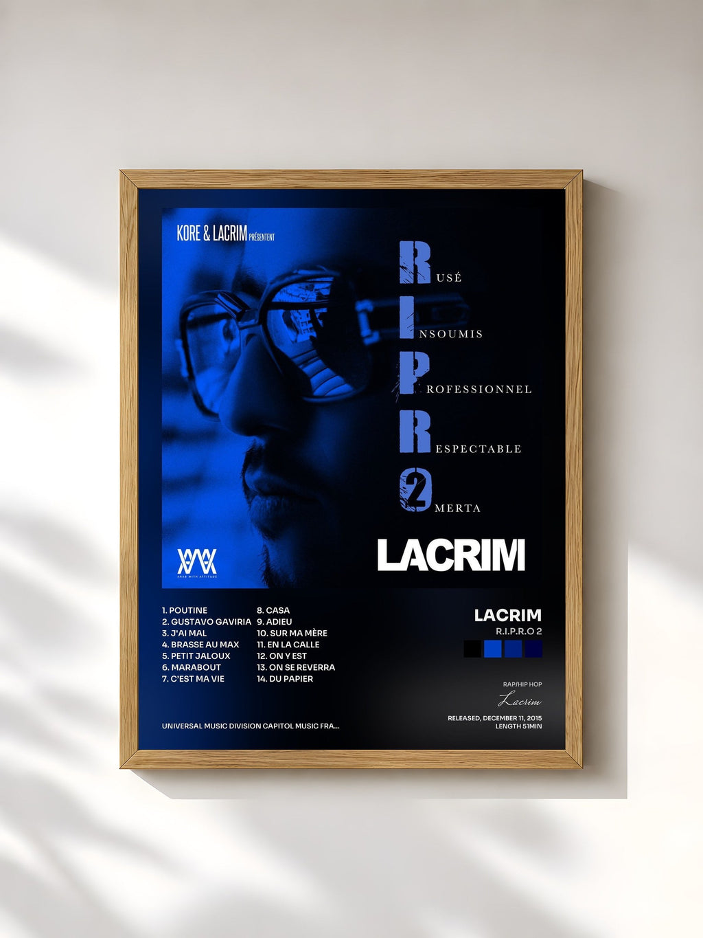 #bois Tableau de l'album R.I.P.R.O 2 de Lacrim, cadre en bois brut, imprimé et encadré en France