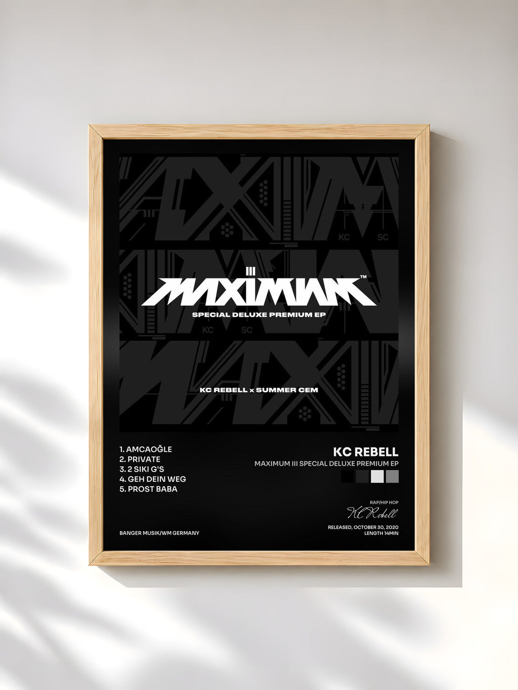 #bois Tableau de l'album MAXIMUM III SPECIAL DELUXE PREMIUM EP de KC Rebell, cadre en bois brut, imprimé et encadré en France