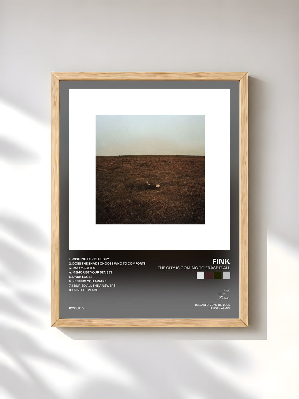 #bois Tableau de l'album The City Is Coming To Erase It All de Fink, cadre en bois brut, imprimé et encadré en France