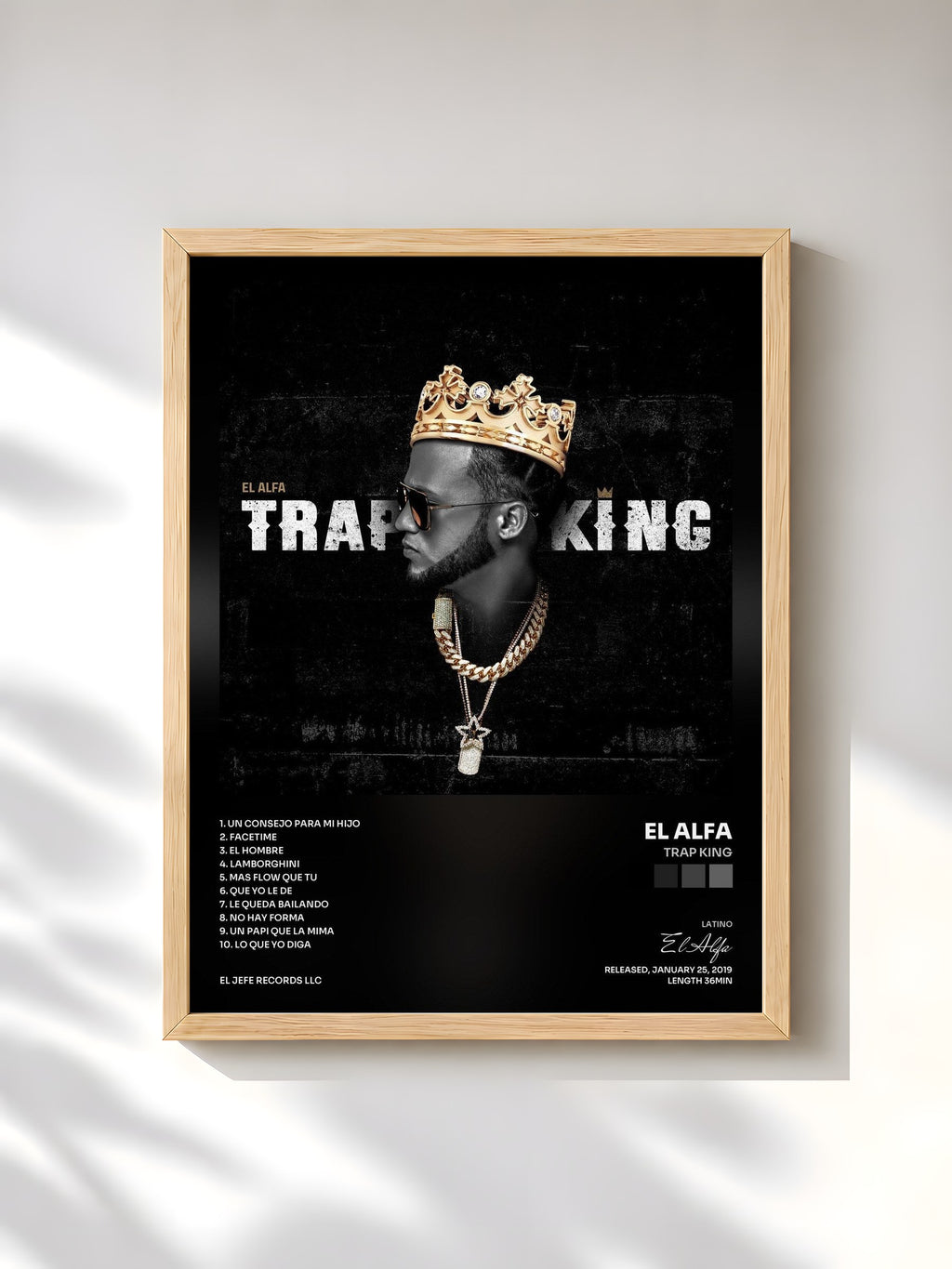 #bois Tableau de l'album TRAP KING de El Alfa, cadre en bois brut, imprimé et encadré en France