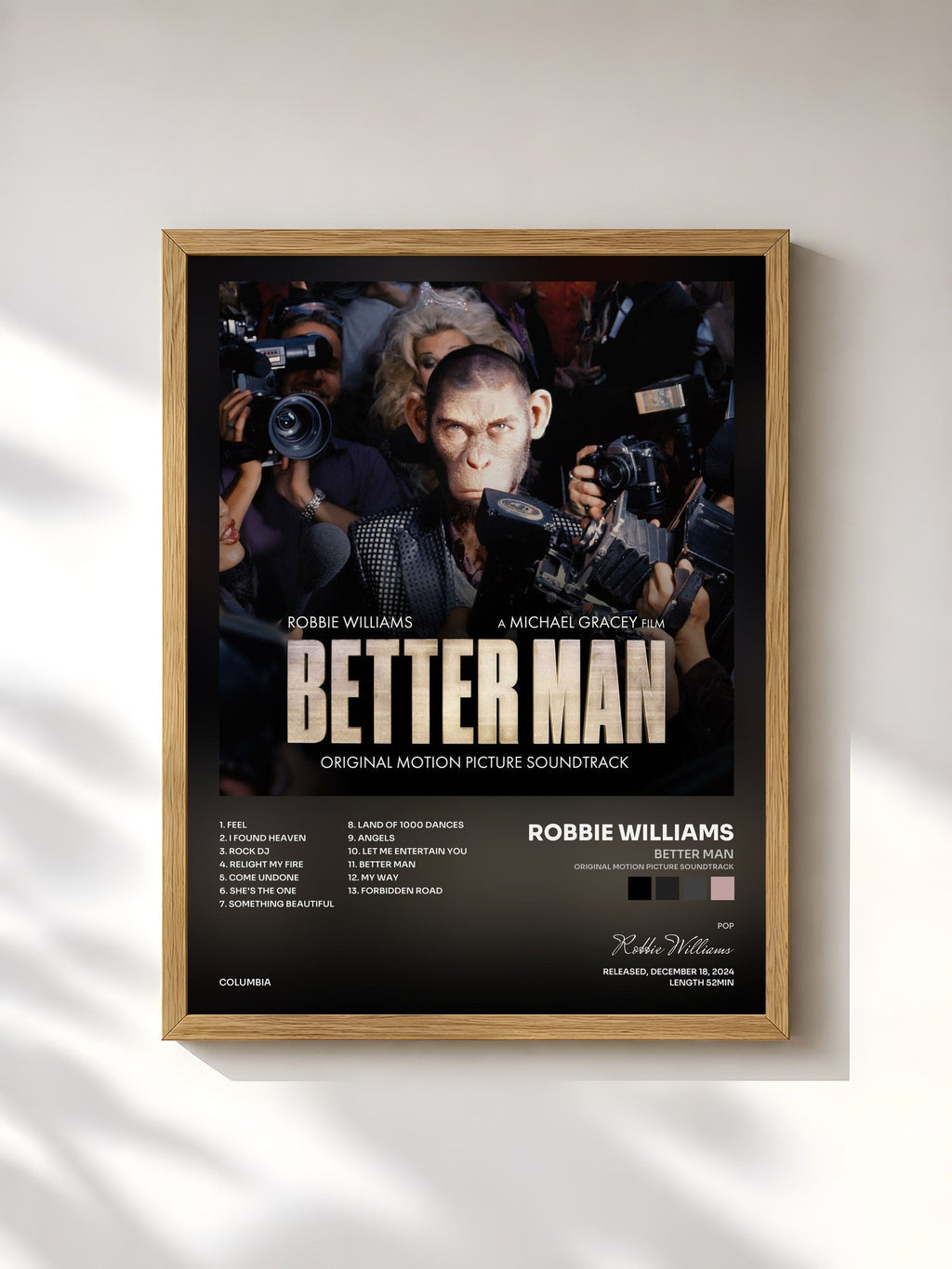 #bois Tableau de l'album Better Man (Original Motion Picture Soundtrack) de Robbie Williams, cadre en bois brut, imprimé et encadré en France