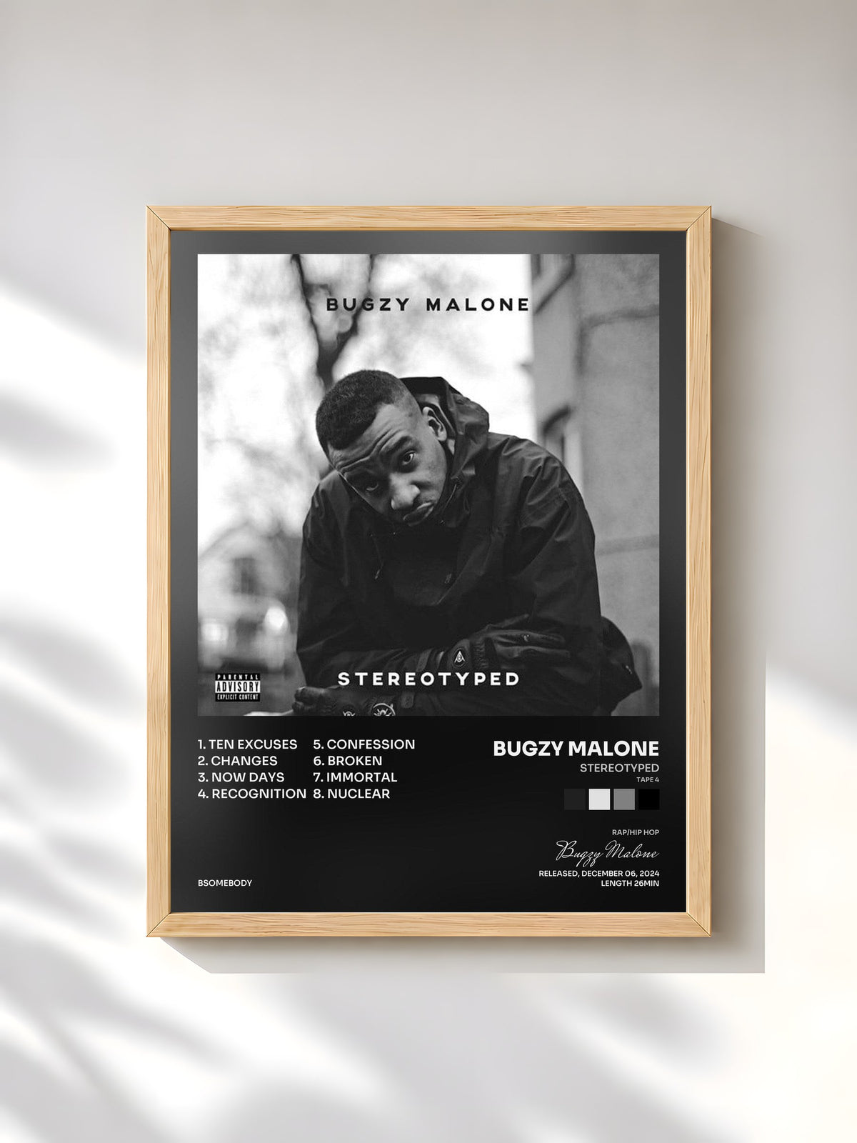 #bois Tableau de l'album Stereotyped (Tape 4) de Bugzy Malone, cadre en bois brut, imprimé et encadré en France
