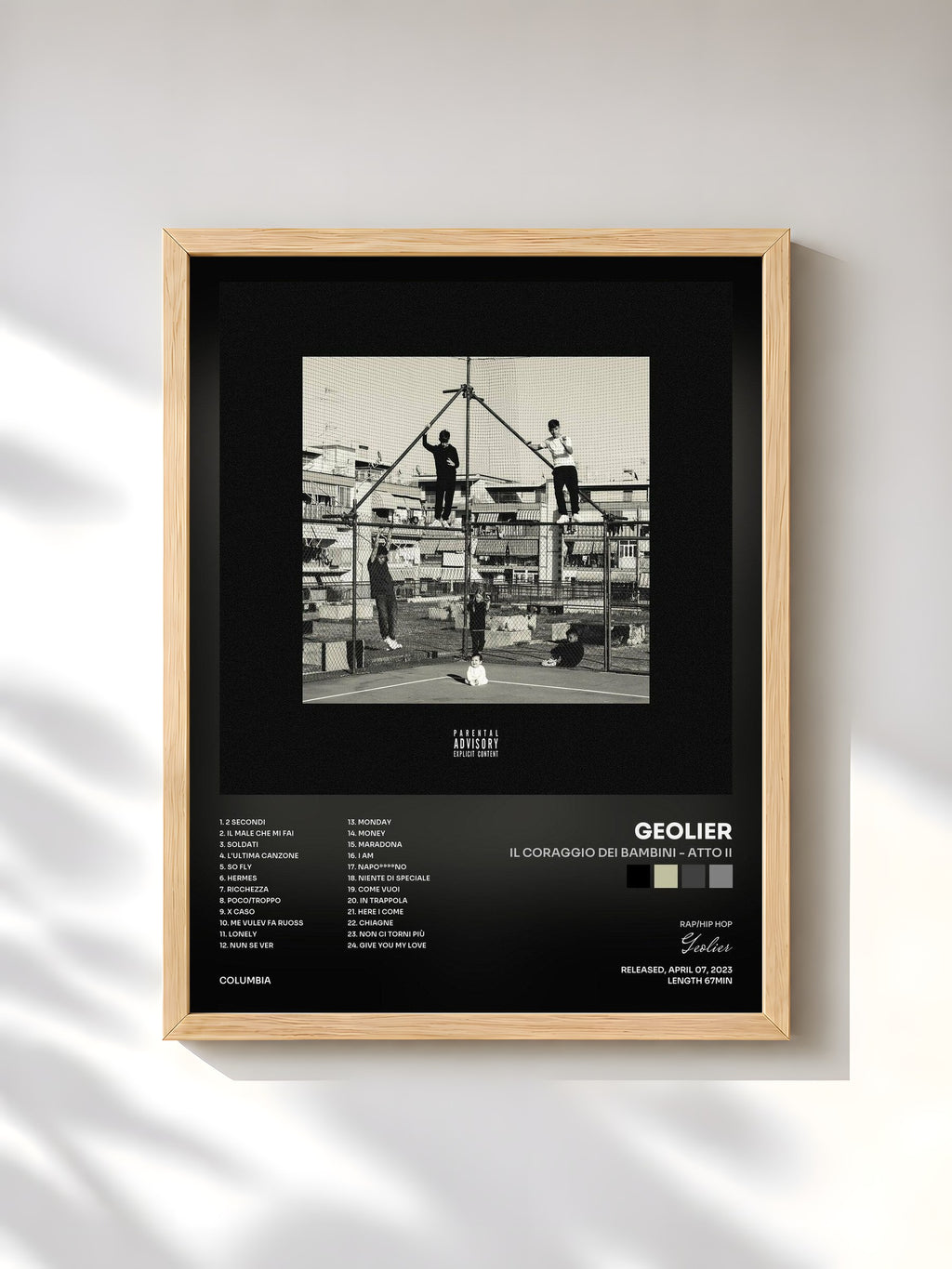 #bois Tableau de l'album IL CORAGGIO DEI BAMBINI - ATTO II de Geolier, cadre en bois brut, imprimé et encadré en France