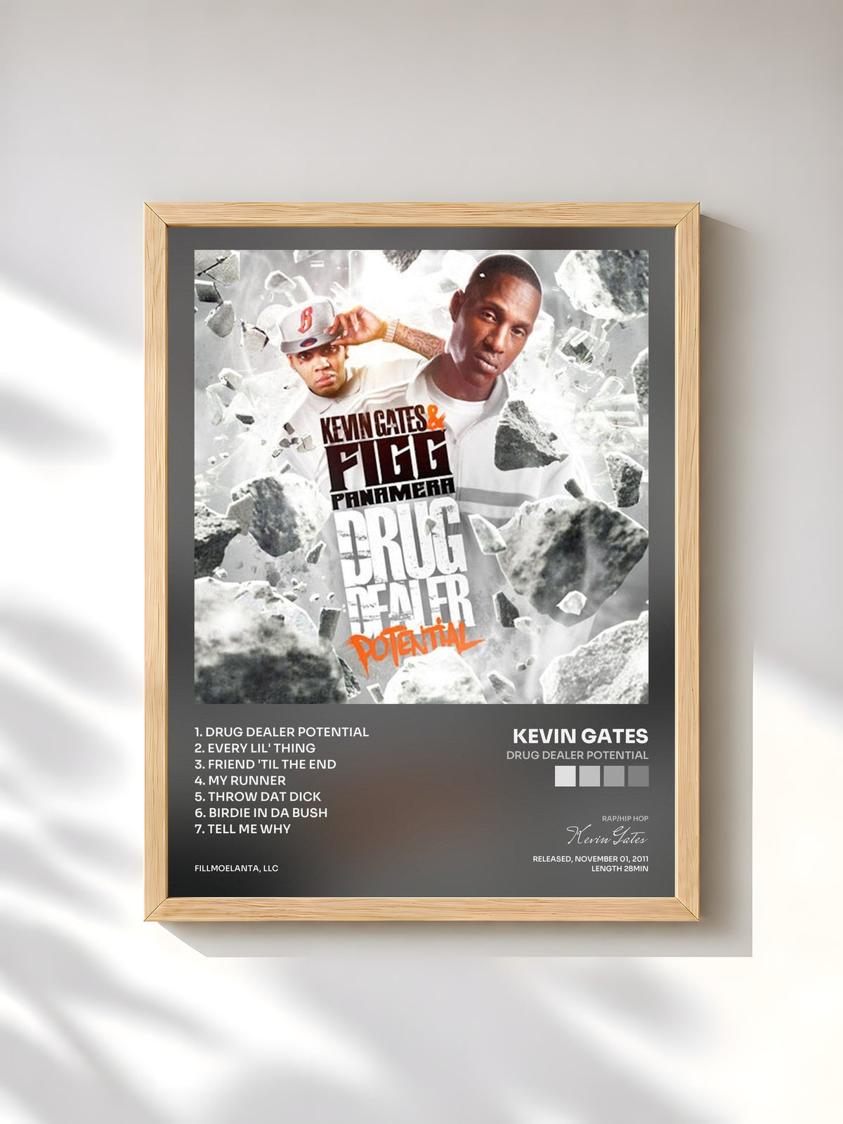 #bois Tableau de l'album Drug Dealer Potential de Kevin Gates, cadre en bois brut, imprimé et encadré en France