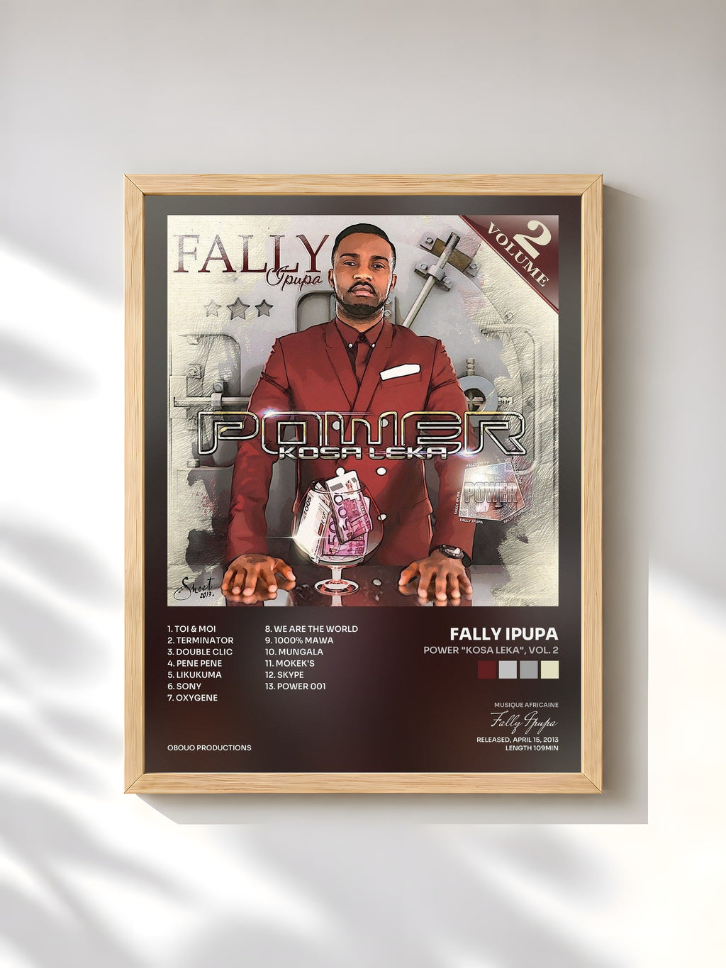 #bois Tableau de l'album Power "Kosa Leka", Vol. 2 de Fally Ipupa, cadre en bois brut, imprimé et encadré en France