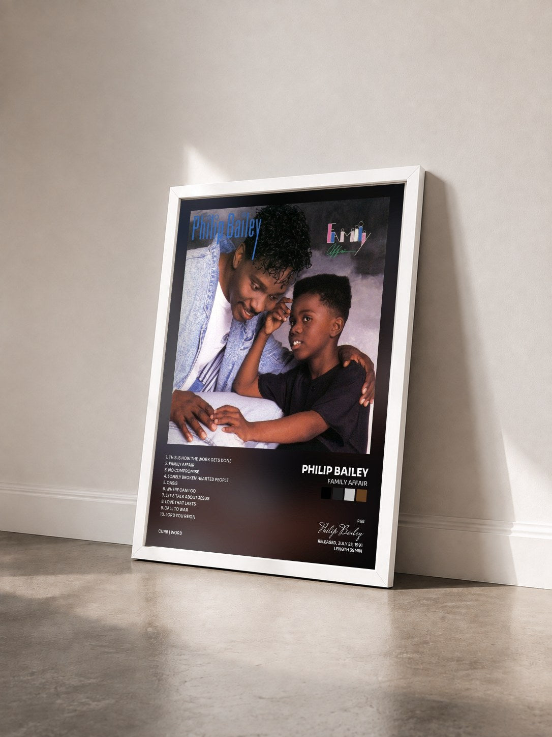 #blanc Tableau de l'album Family Affair de Philip Bailey vu de trois quarts, cadre blanc