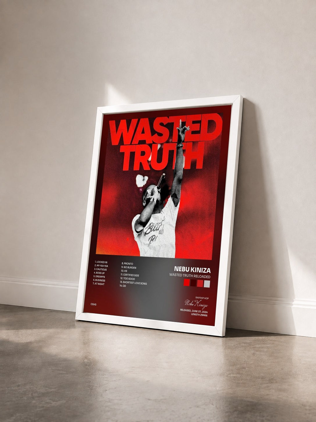 #blanc Tableau de l'album Wasted Truth Reloaded de Nebu Kiniza vu de trois quarts, cadre blanc