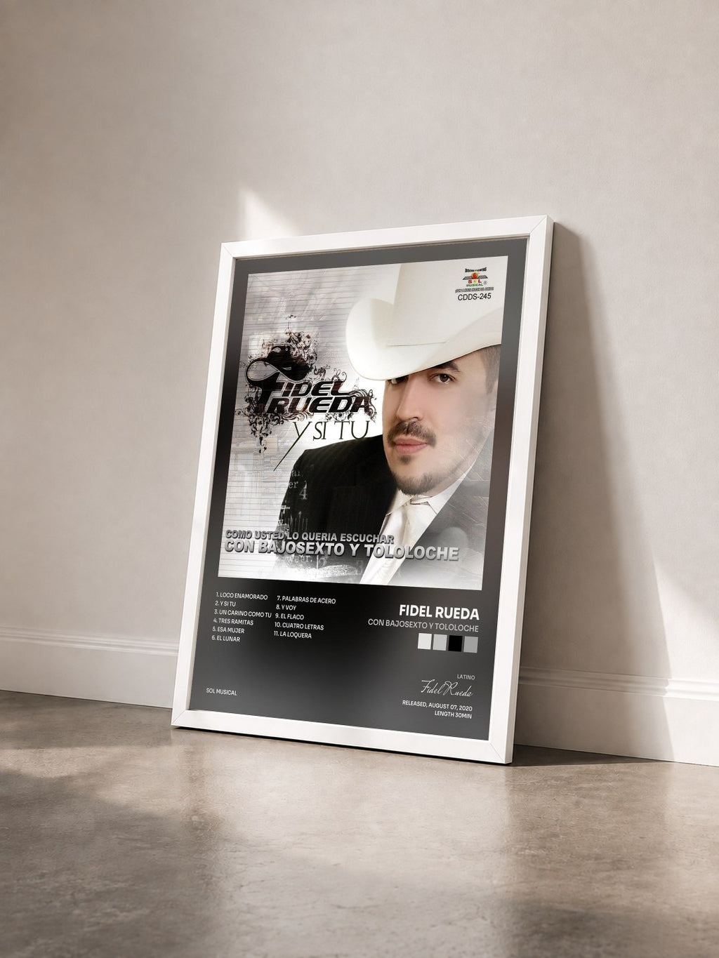 #blanc Tableau de l'album Con Bajosexto y Tololoche de Fidel Rueda vu de trois quarts, cadre blanc