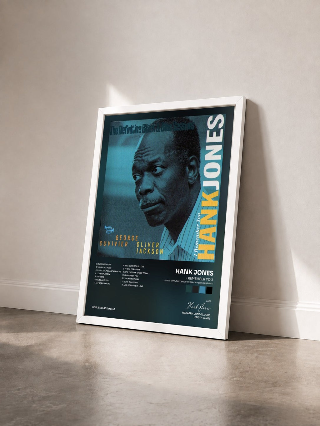 #blanc Tableau de l'album I Remember You (Paris, 1977) (The Definitive Black & Blue Sessions) de Hank Jones vu de trois quarts, cadre blanc