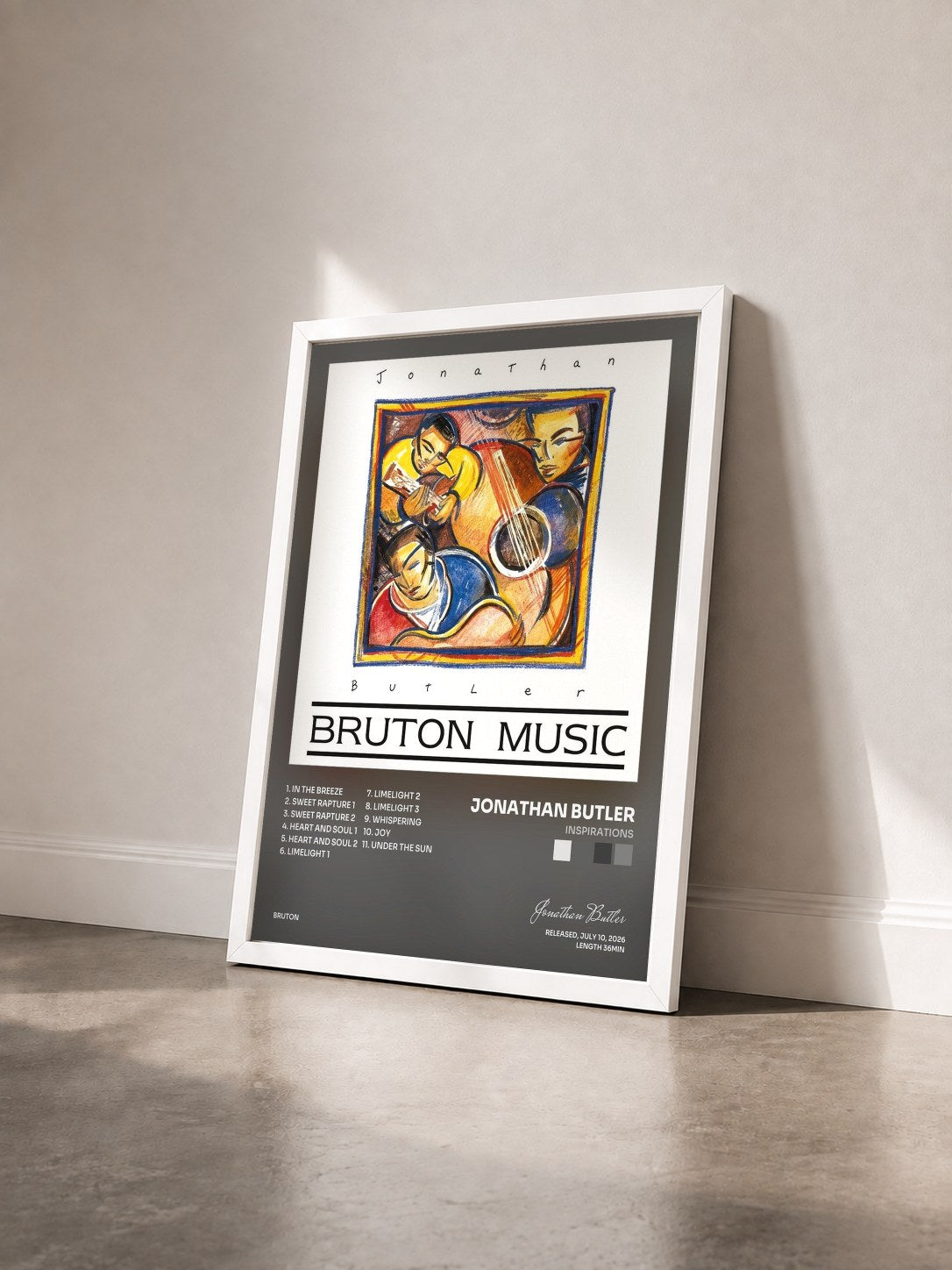 #blanc Tableau de l'album Inspirations de Jonathan Butler vu de trois quarts, cadre blanc