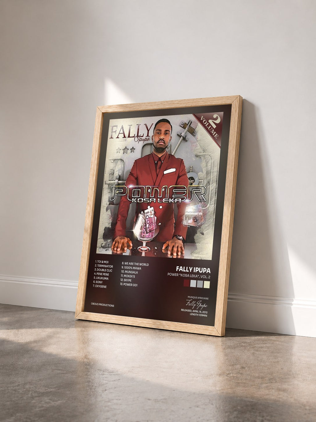 #bois Tableau de l'album Power "Kosa Leka", Vol. 2 de Fally Ipupa vu de trois quarts, cadre en bois brut